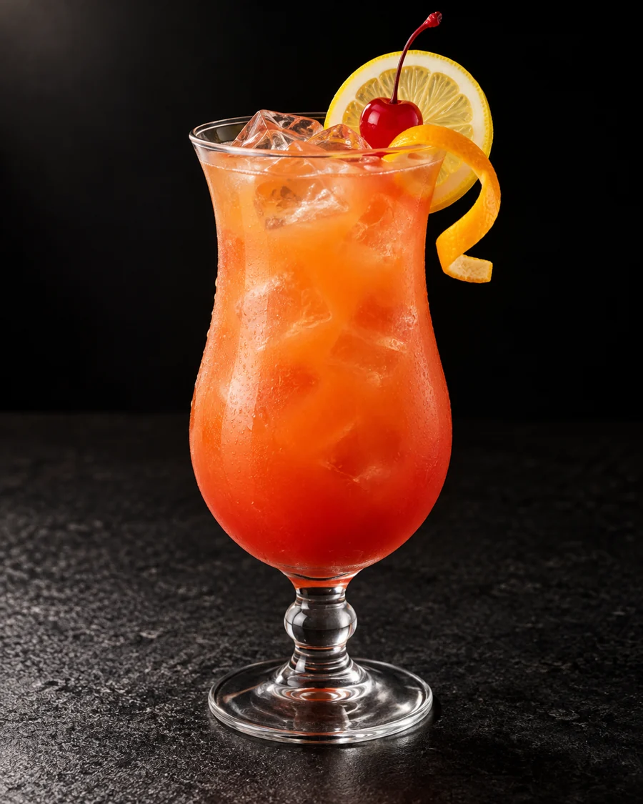 Orange-red Hurricane in a small curved hurricane glass with ice, orange twist, lemon wheel and cherry.