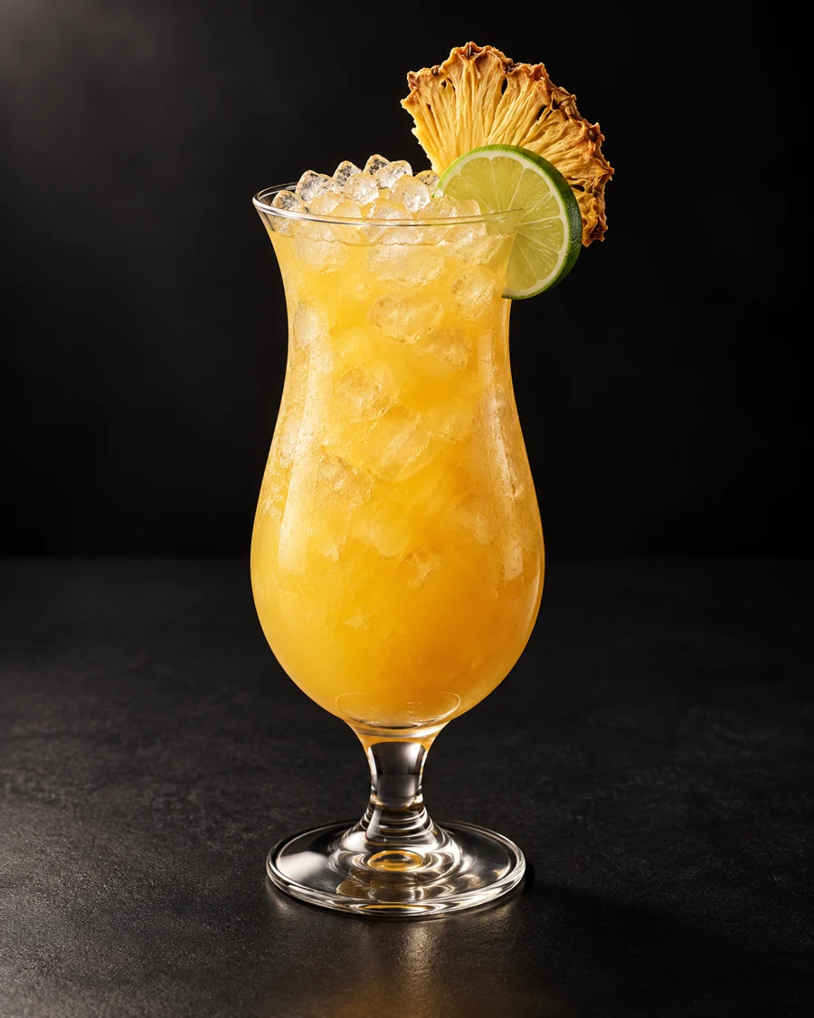 IBA Tiki served in a hurricane glass with a lime wheel and dried pineapple slice against a black background.