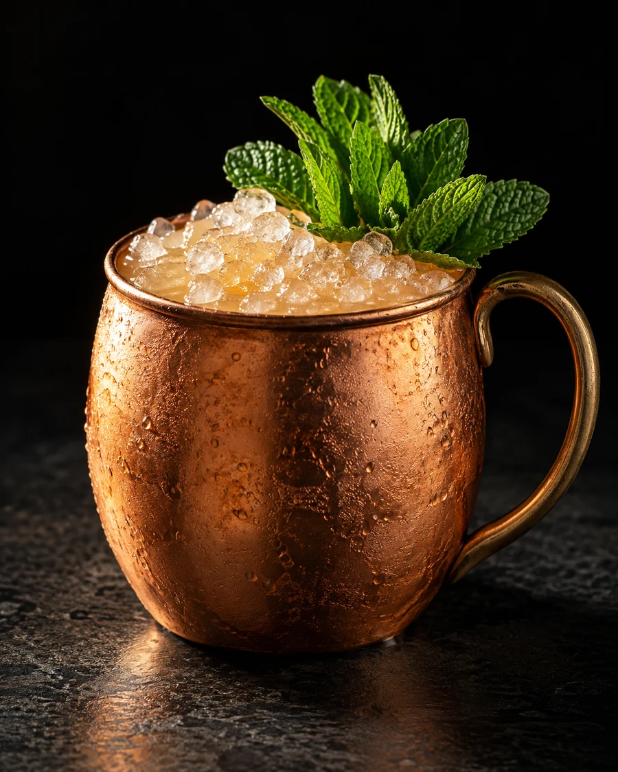 Ibiza Bum: Pale golden drink in a copper mug with crushed ice and mint sprigs.