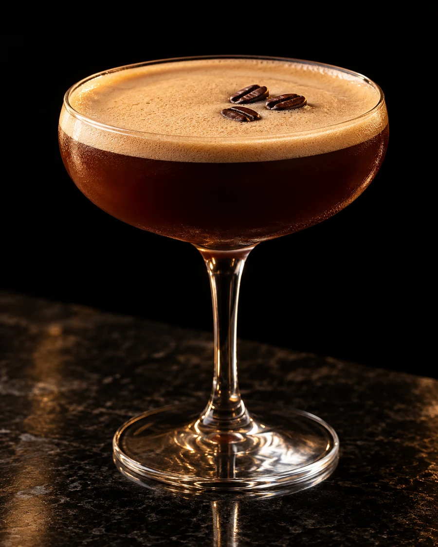I'll Fig-ure It Out In The Morning. Coupe glass with a dark espresso-rum drink, fine tan foam, three coffee beans and no ice.
