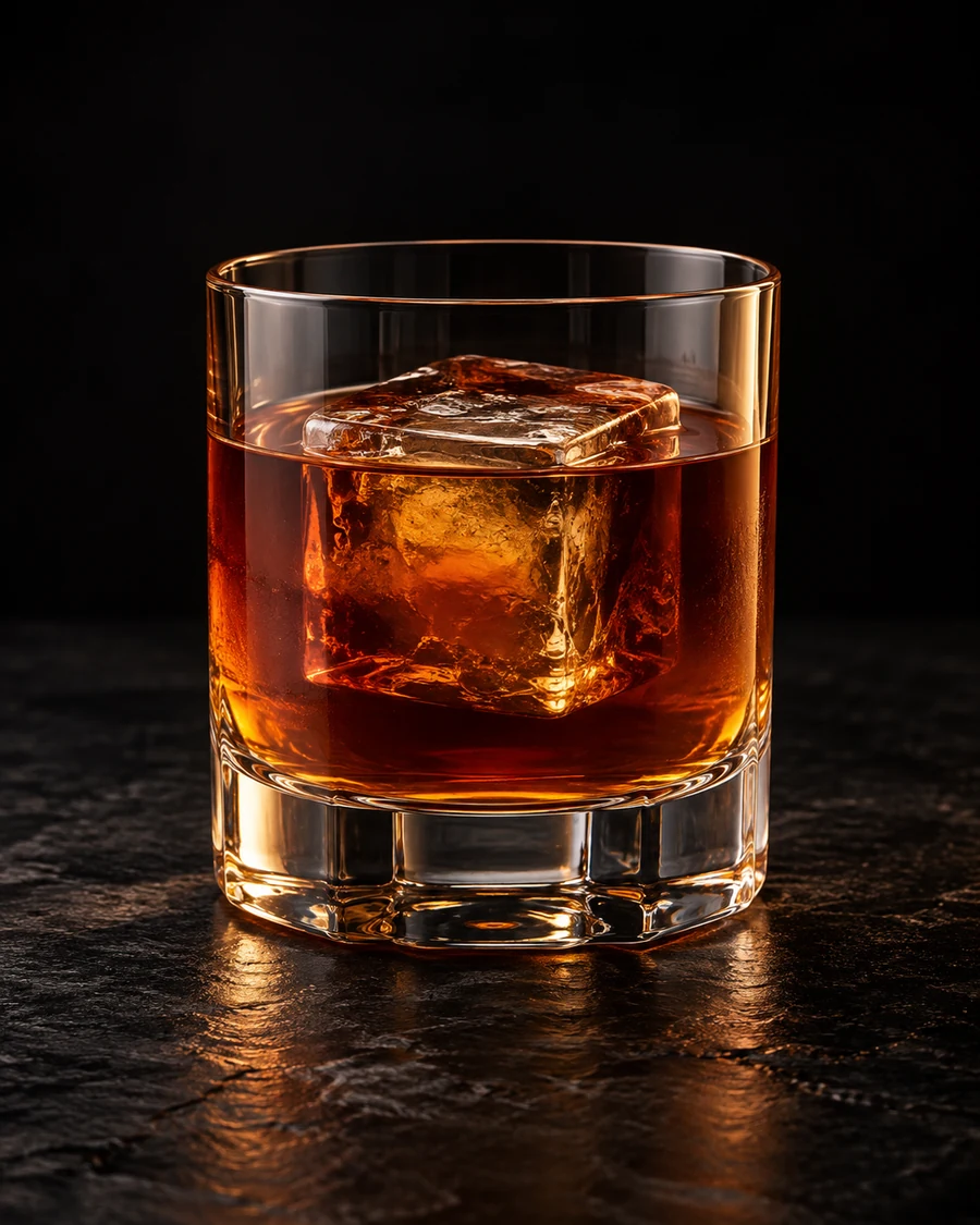 Illegal Dance Moves in a rocks glass, over one large ice cube, with no garnish, against a black background.