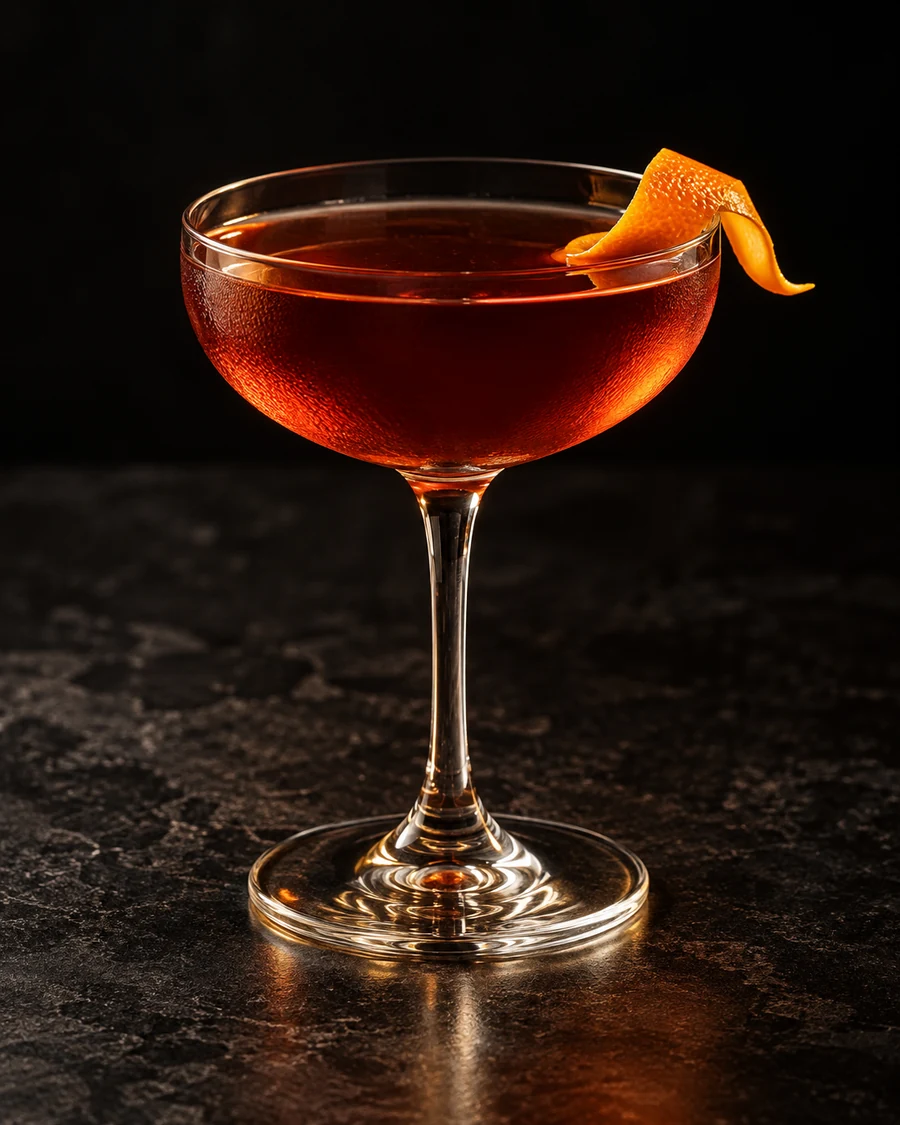 Improved 1794: Deep reddish-amber cocktail in a chilled coupe without ice, with an orange twist.