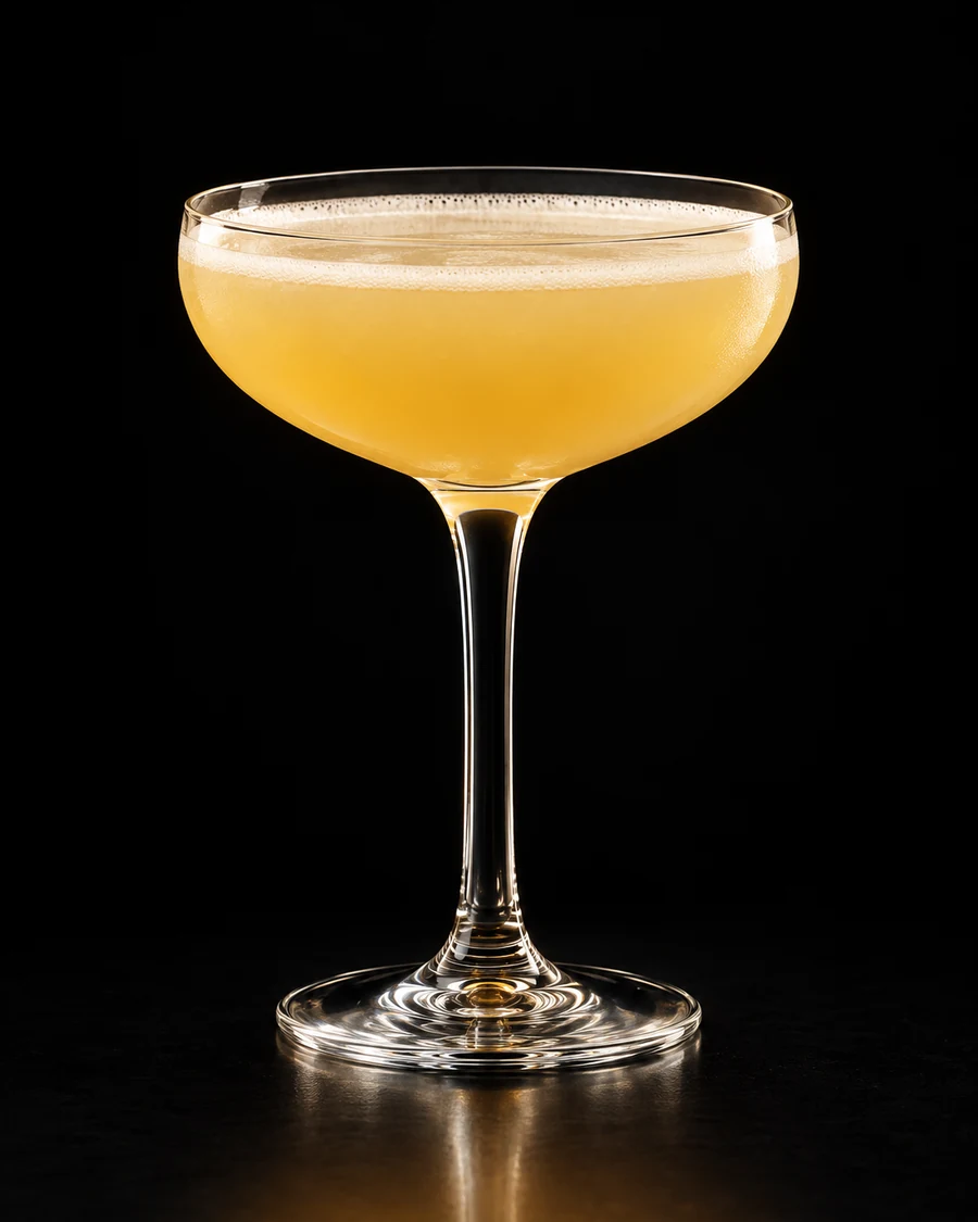 Improved Culross in a coupe, serve without ice, with no garnish, against a black background.