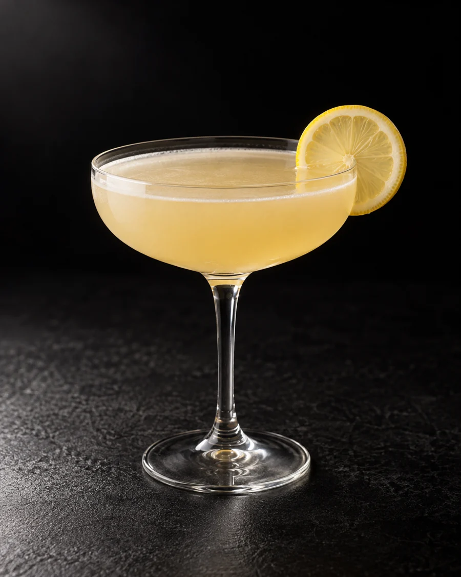 Cloudy pale gold cocktail in a coupe, no ice, lemon wheel.