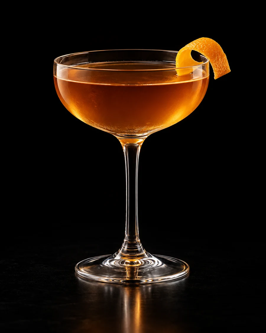 Improved Surabaya Cocktail in a coupe, serve without ice, with Orange twist, against a black background.