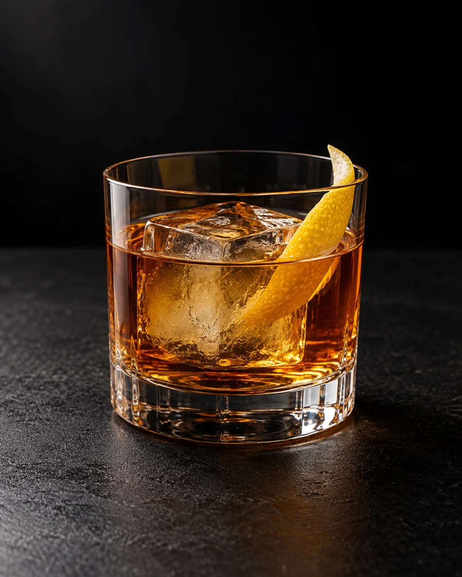 Clear amber cocktail in a rocks glass with one large ice cube and a lemon peel.