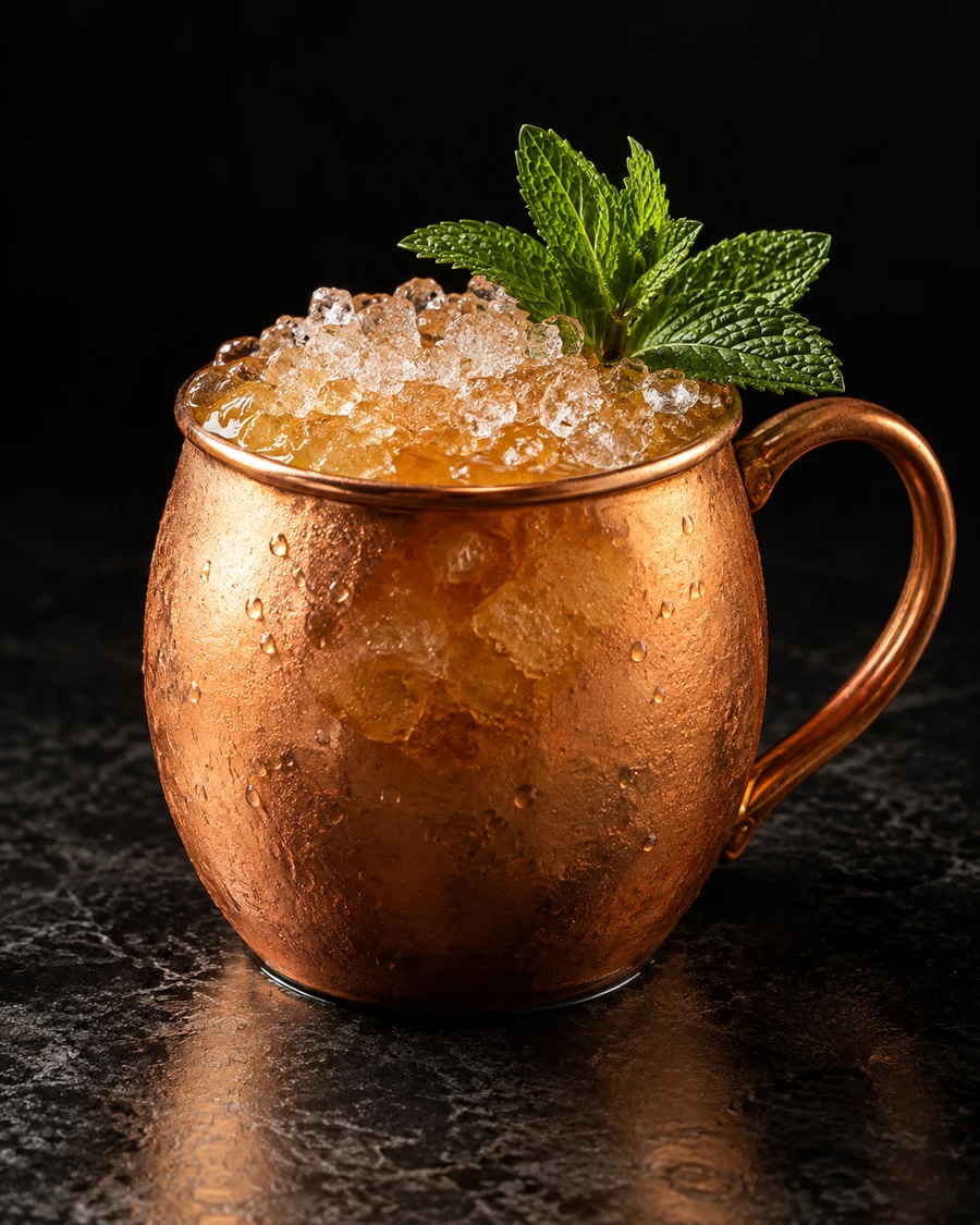 In The Middle Of A Foggy Sea: Copper mug filled with crushed ice and a fresh green mint sprig.