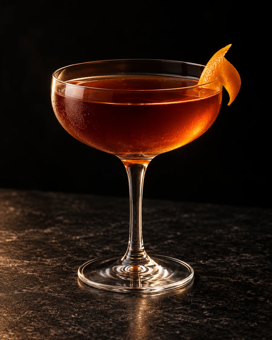 In The Stacks: Deep amber drink in a coupe, orange twist and no serving ice.