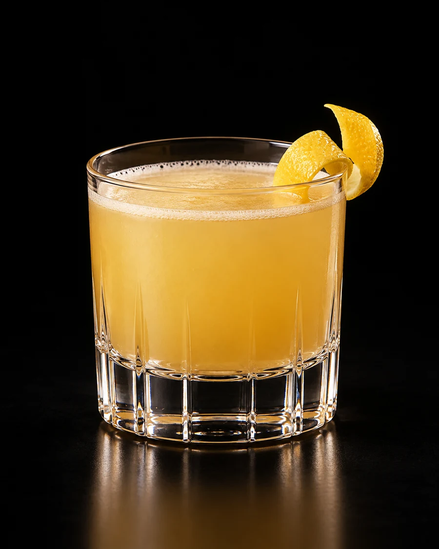 Inca Dinka Doo in a rocks, serve without ice, with lemon peel, against a black background.