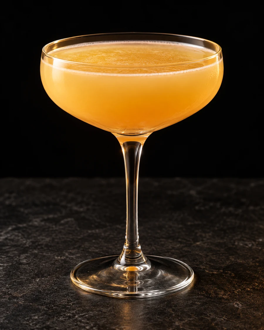 Income Tax in a coupe glass, without ice, ungarnished, against a black background.