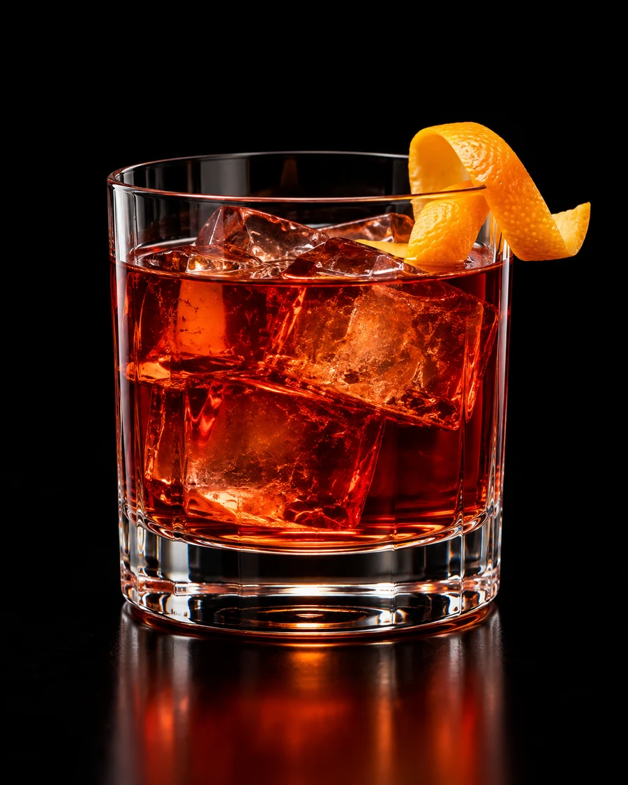 Intercept: Ruby-amber cocktail over clear ice cubes in a rocks glass with a curled orange twist against a black background.