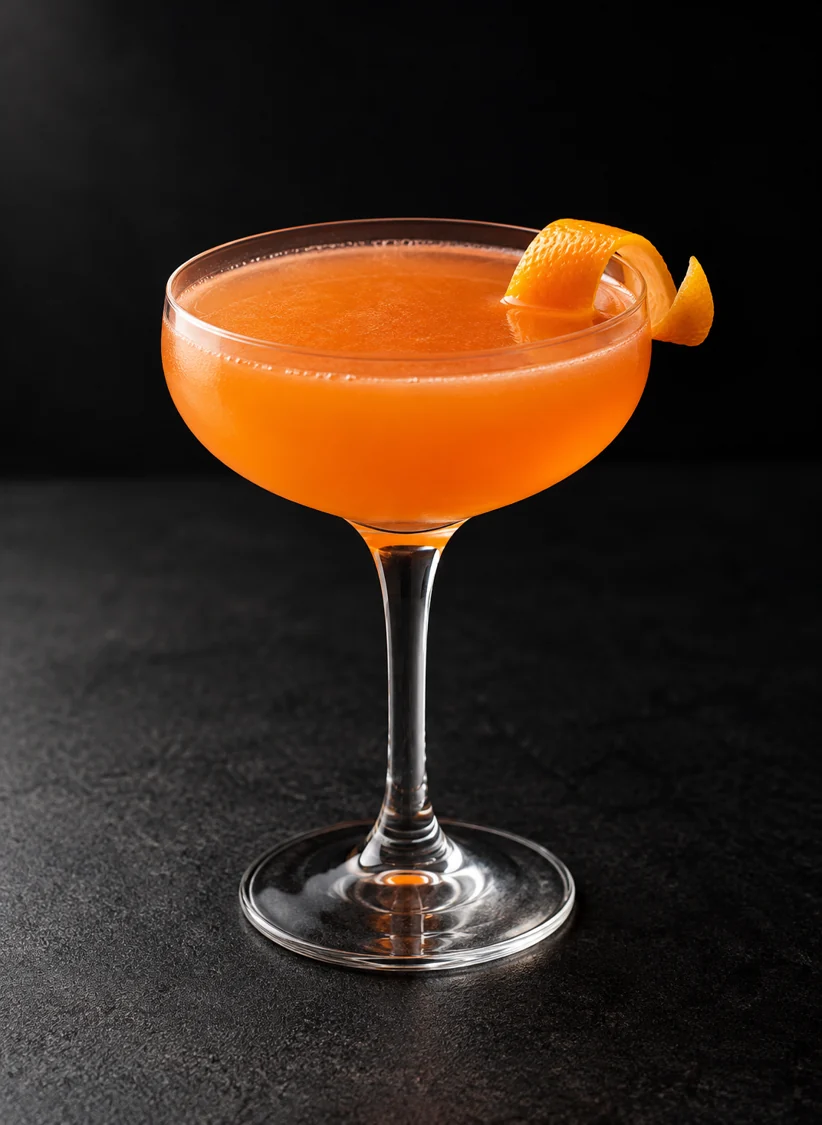 cloudy bright orange Intro to Aperol in a coupe with orange twist, no ice.