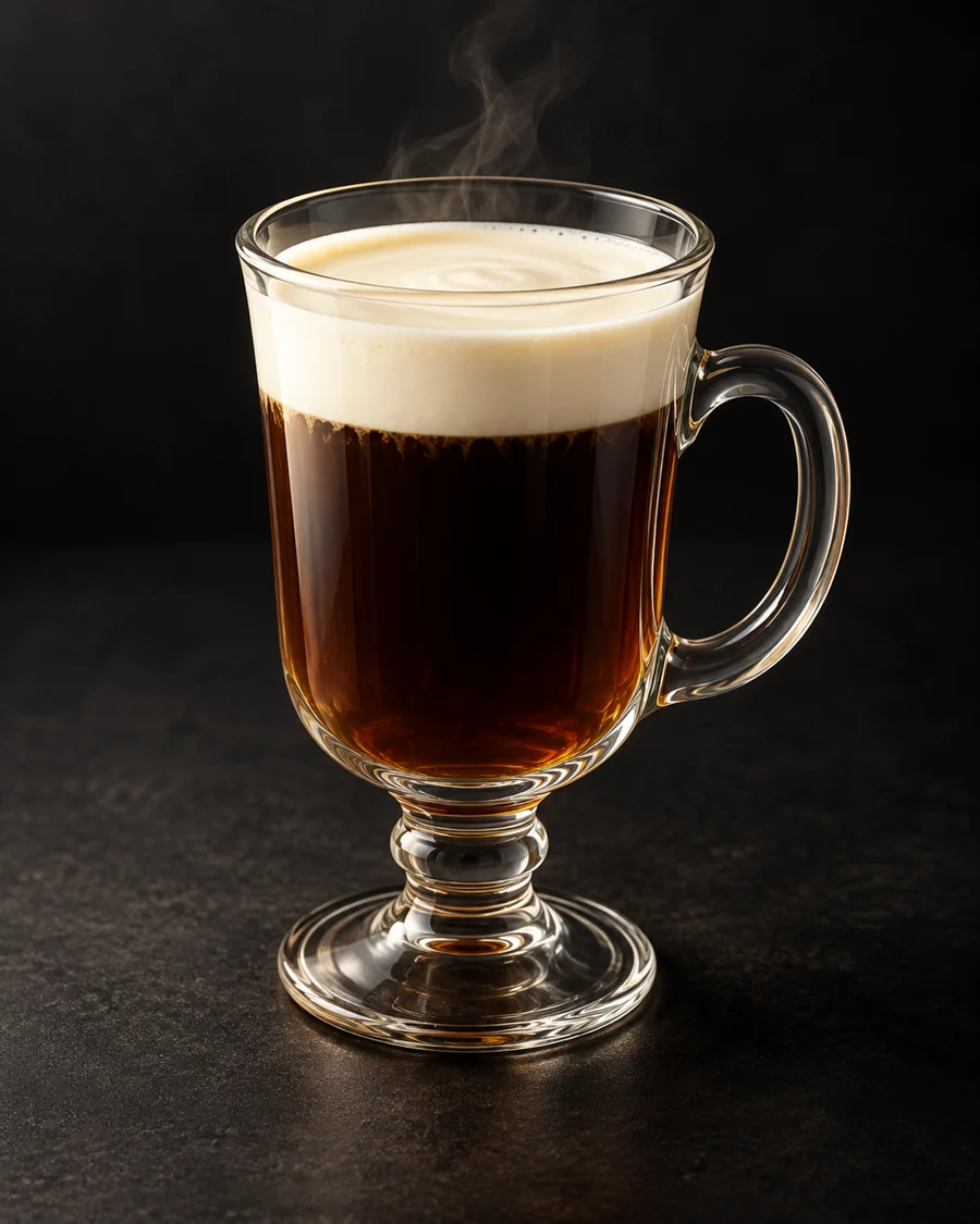 Irish Coffee served in a mug glass against a black background.