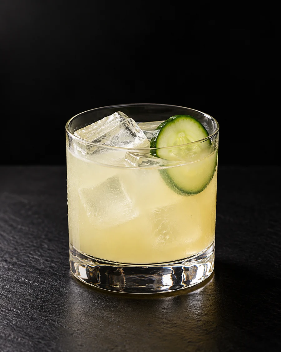 Pale yellow cloudy cocktail in a rocks glass over cubed ice with one green cucumber slice.