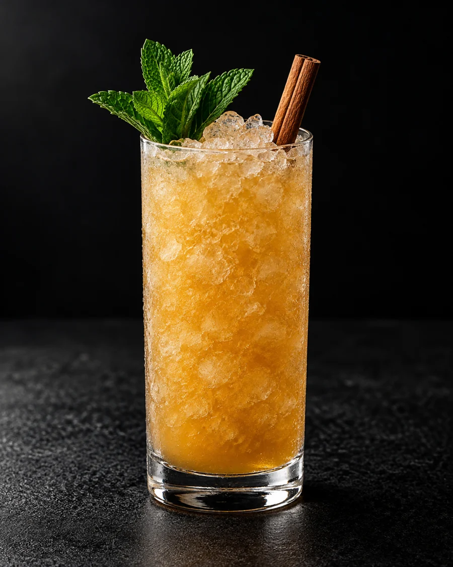 Cloudy golden Iron Ranger in a highball packed with crushed ice, mint sprig and cinnamon stick.