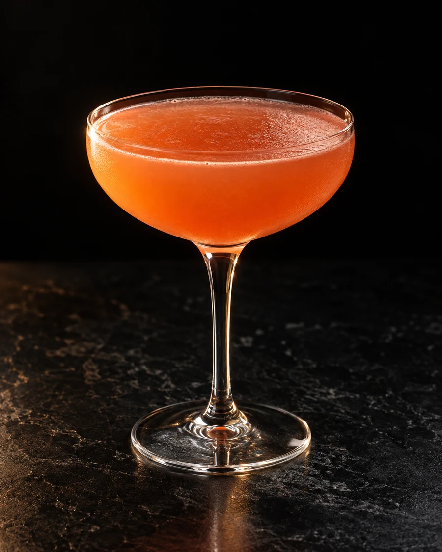 Is That All There Is?: Coral orange shaken drink in coupe, no ice and no visible garnish.