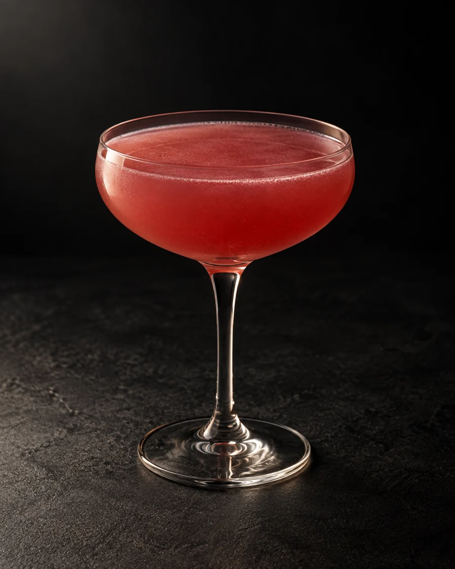 Cloudy pink-red cocktail in a coupe, no ice and no garnish.