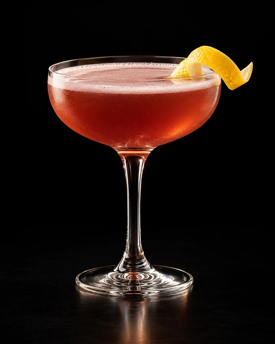 Jack the Elder in a coupe, serve without ice, with lemon peel, against a black background.