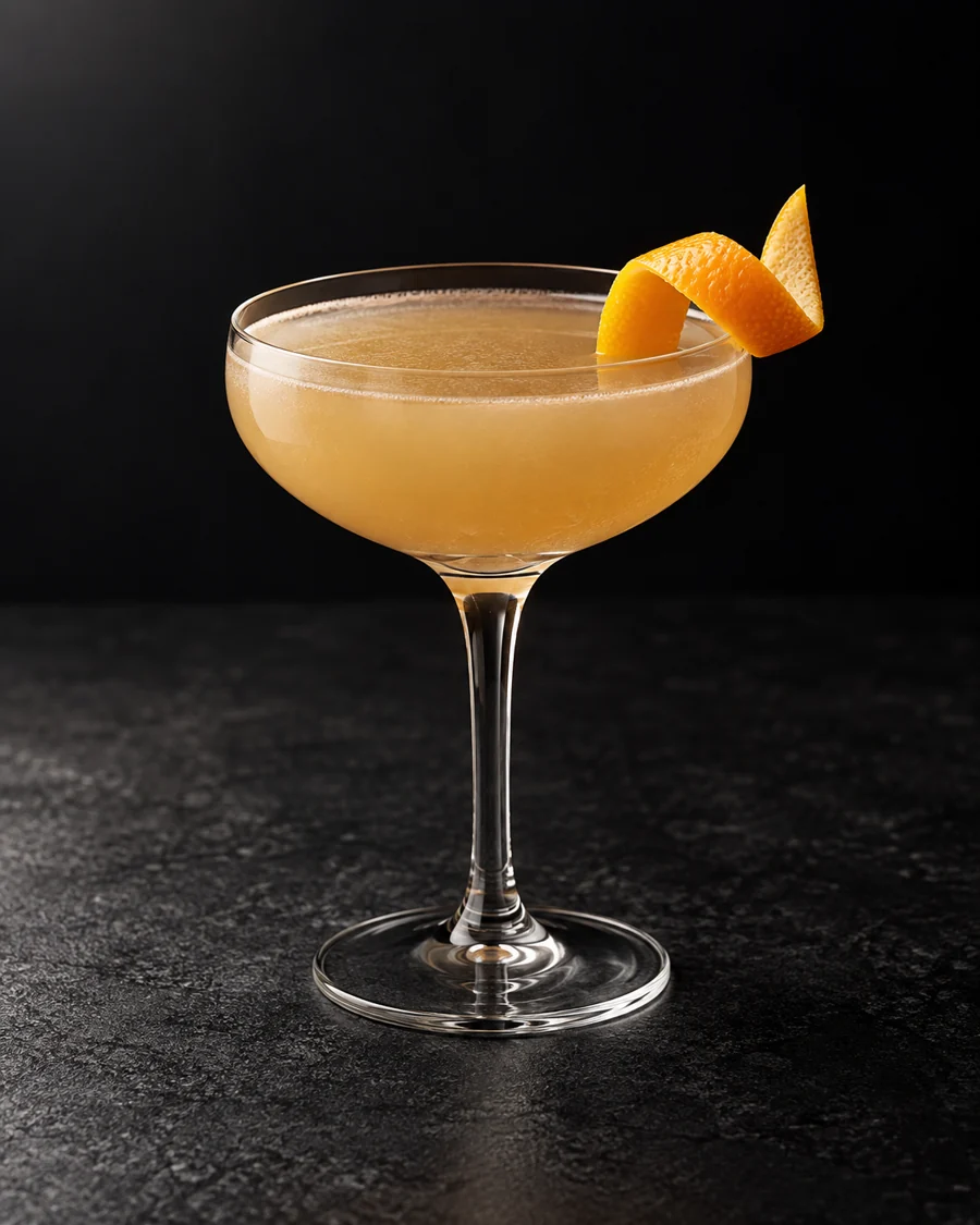 Cloudy tan-gold cocktail in a coupe without ice, orange peel garnish.