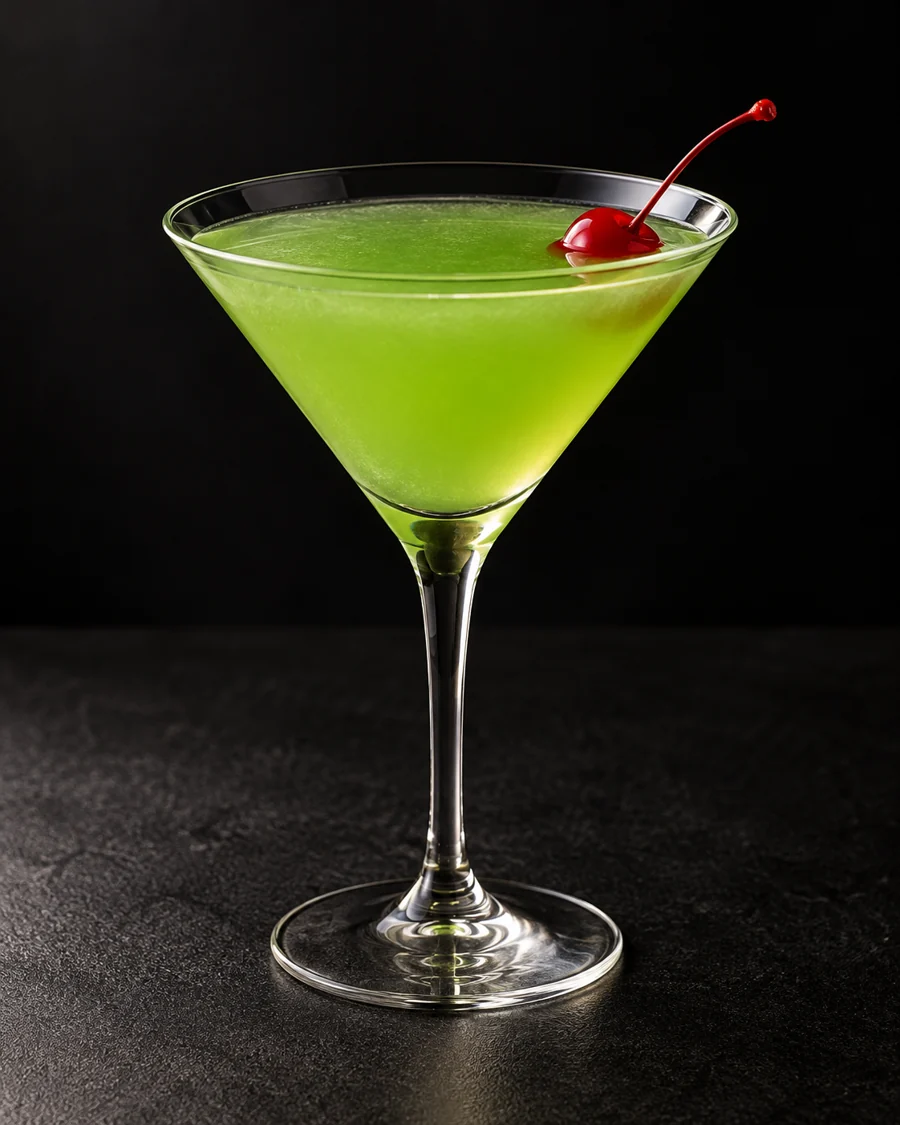 Bright green Japanese Slipper in a martini glass without ice, with a red cocktail cherry.