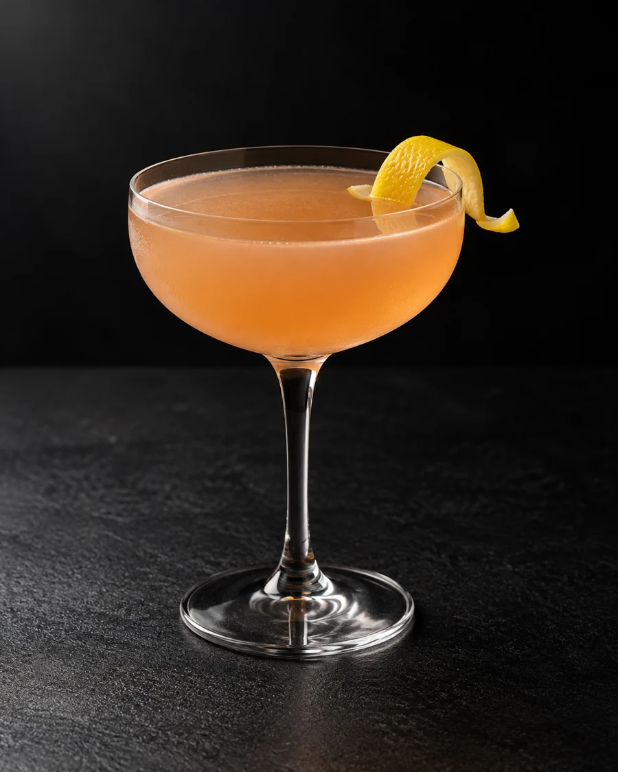 Pale coral-amber Jasmine in a coupe without ice, with a lemon twist.