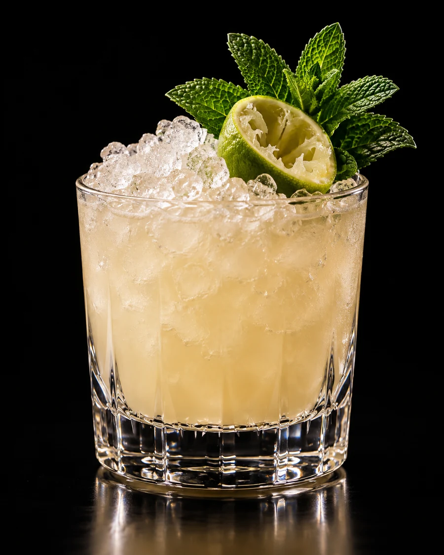 Javari Mai Tai: Pale straw-beige cocktail over crushed ice in a rocks glass with a spent half lime shell and mint sprigs against a black background.
