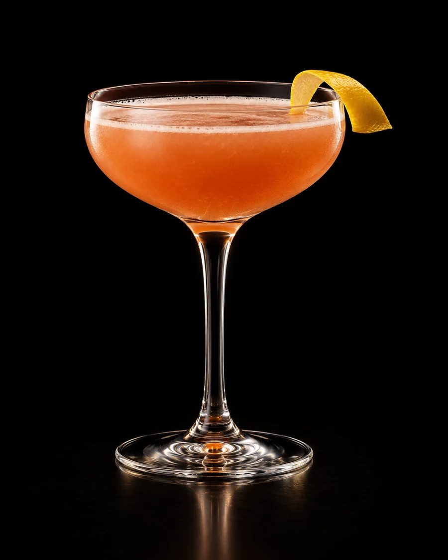 Jazz Flute in a coupe, serve without ice, with lemon peel, against a black background.