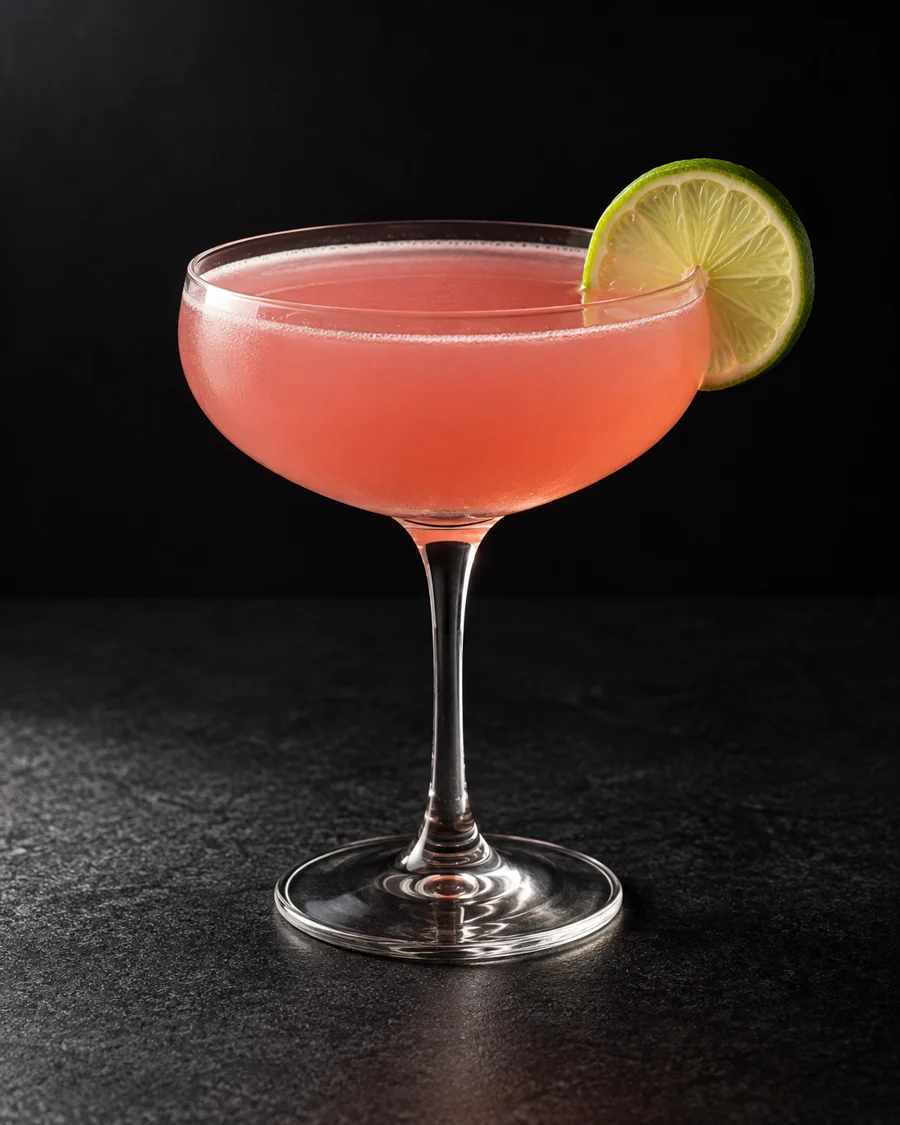 Cloudy rosy-pink cocktail in a coupe without ice, lime slice on the rim.