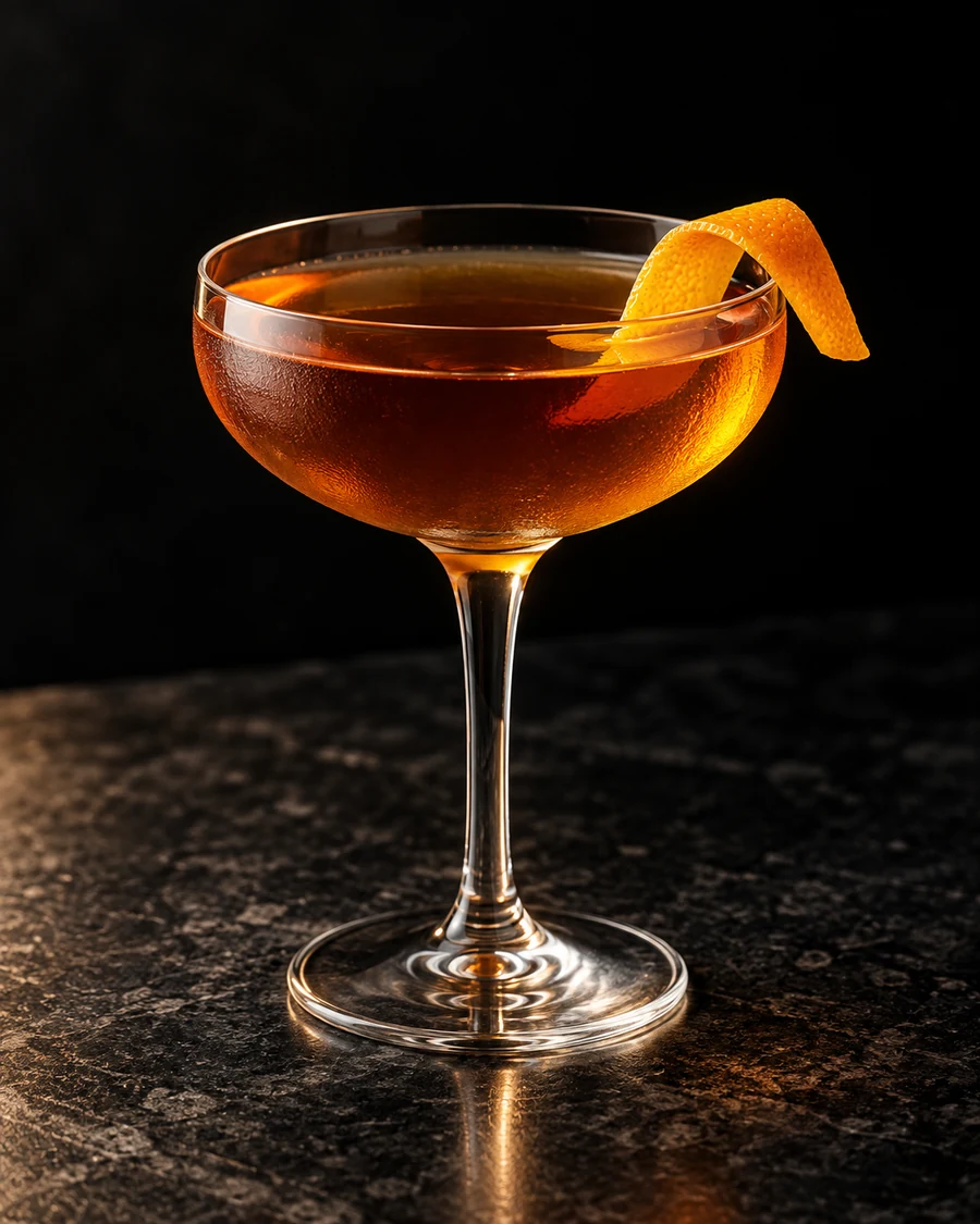Jet Pack: Clear copper-amber cocktail in a stemmed coupe with an orange twist, served without ice.