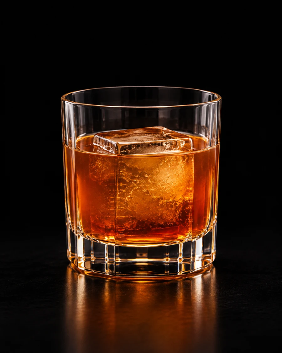 Jewel Thief in a double rocks glass, with amber liquid over one large clear ice cube and no visible garnish, against a black background.