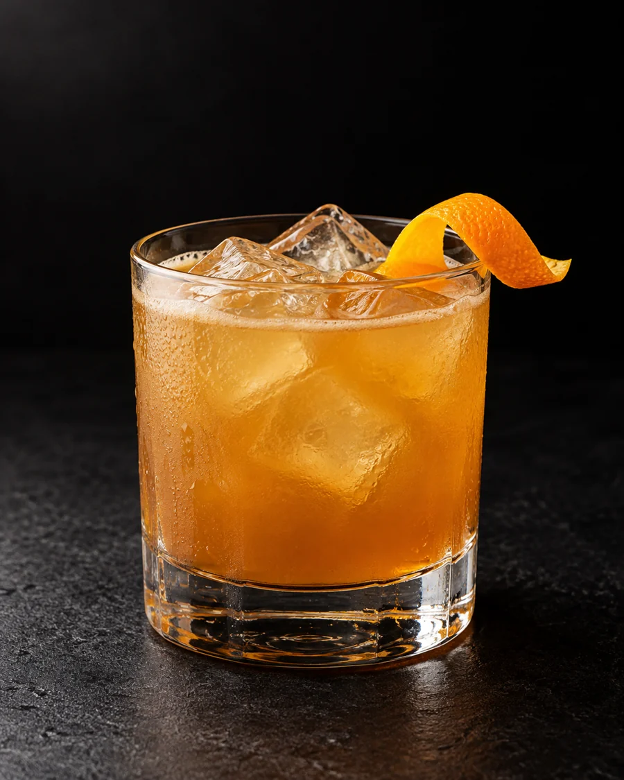 cloudy golden-amber Jolly Roger over fresh ice in a rocks glass with orange twist.