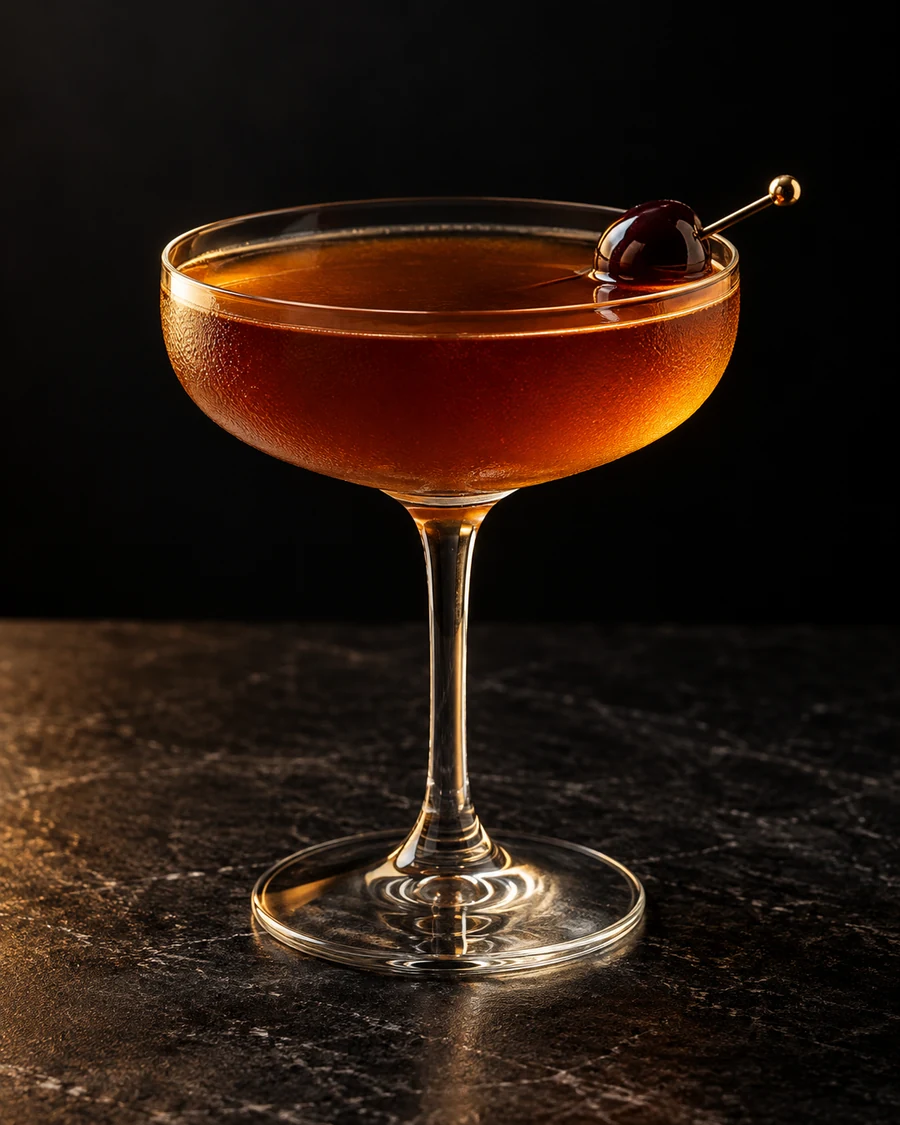 Juan Madera: amber-brown cocktail in a chilled stemmed coupe, served without ice with a dark cherry on a slim pick.