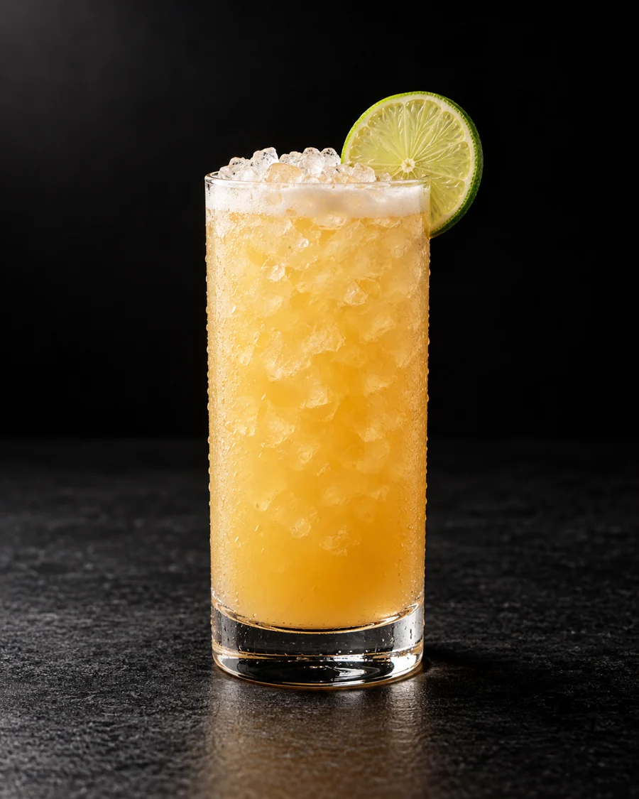 Cloudy golden Juice Box in a Collins glass over pebble ice, thin pale foam and lime wheel.