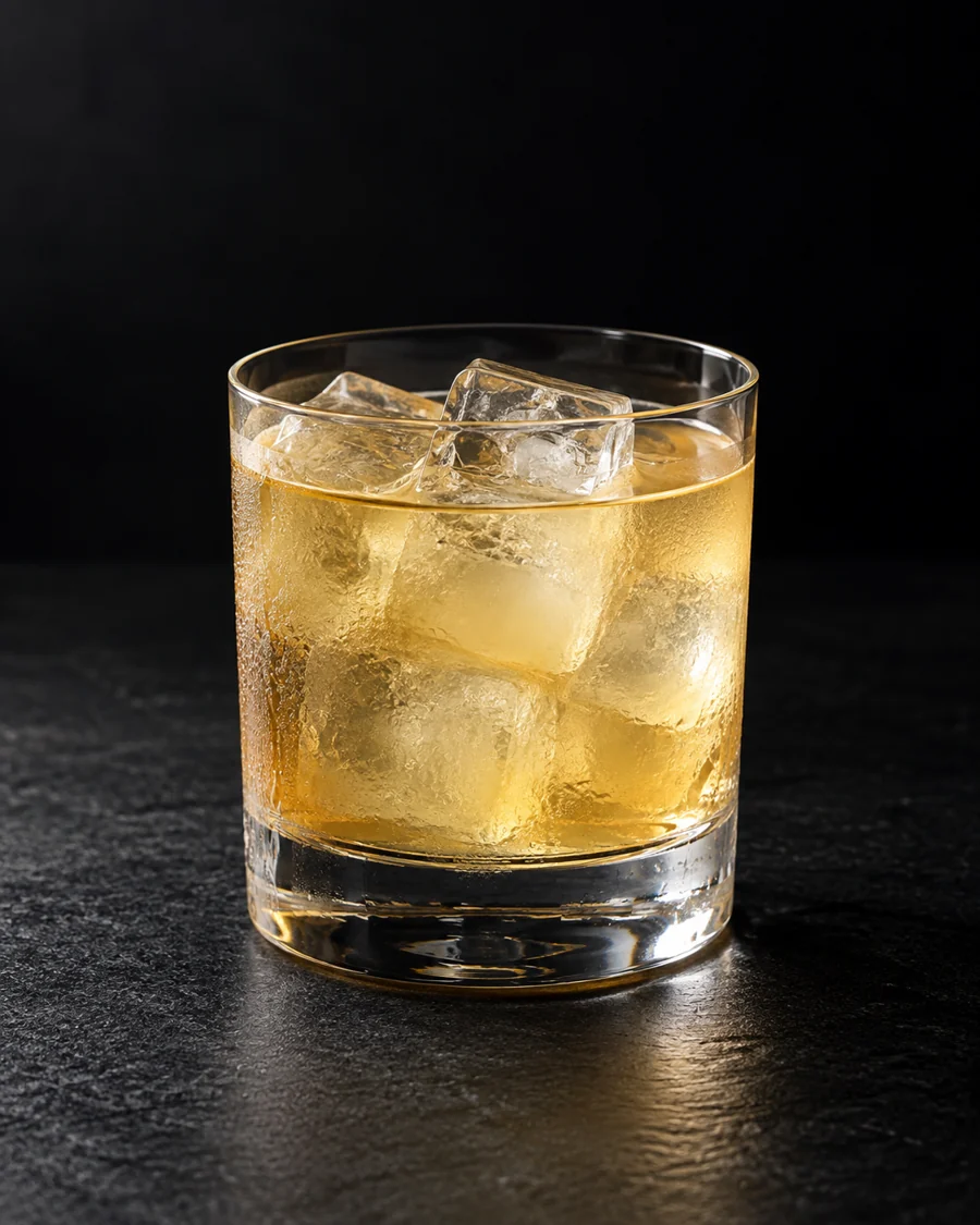 Pale golden July on Royal Street over ice in a rocks glass without garnish.