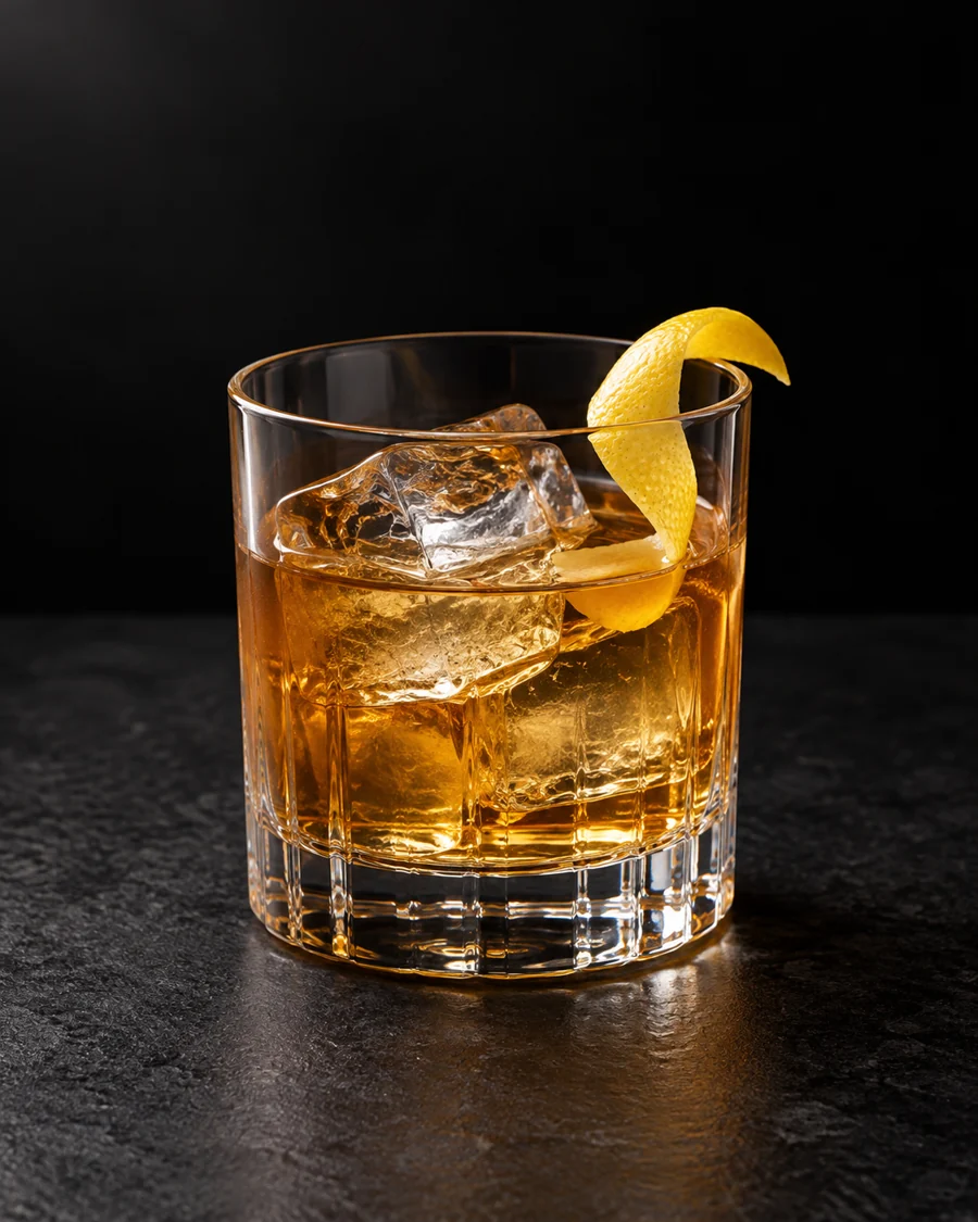 Clear golden-amber Juneau in a rocks glass over fresh cubes, lemon twist.