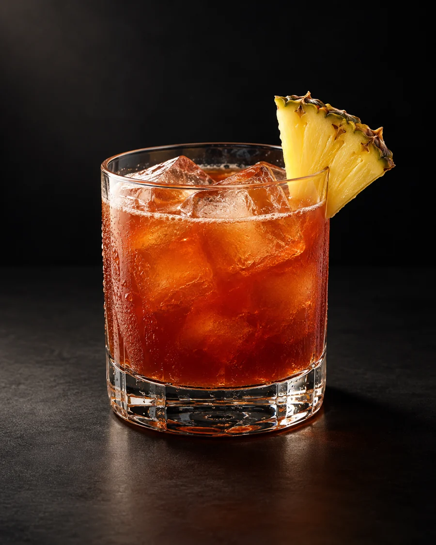 Jungle Bird served in a rocks glass with a pineapple wedge against a black background.