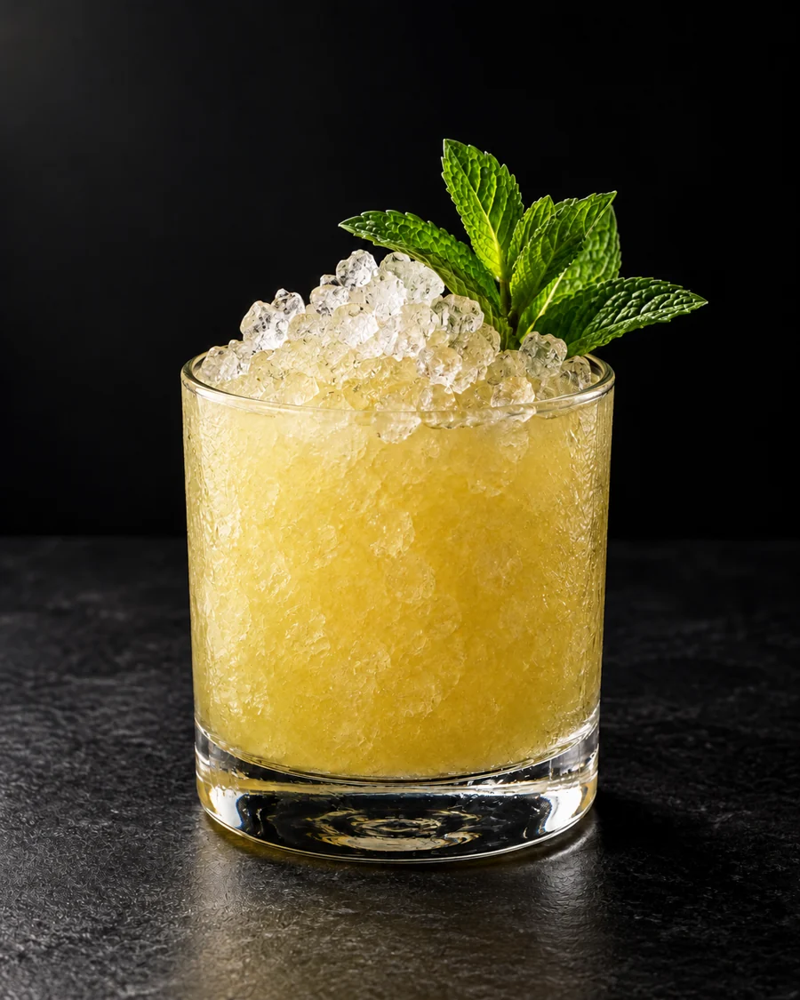 Pale golden-green slushy Jungle Boogie in a rocks glass with crushed-ice mound and mint.