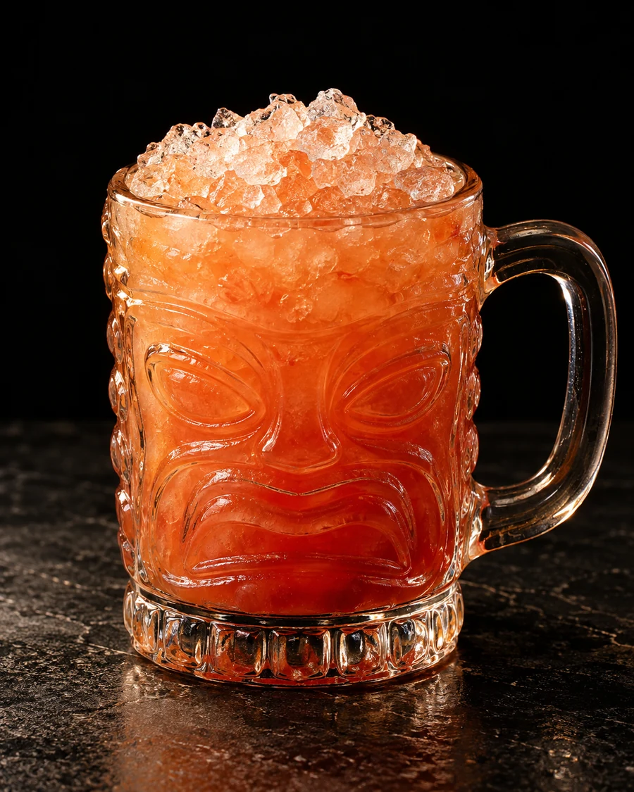 Jungle Grog: Coral-red cocktail in a handled glass mug topped with crushed ice, without garnish.