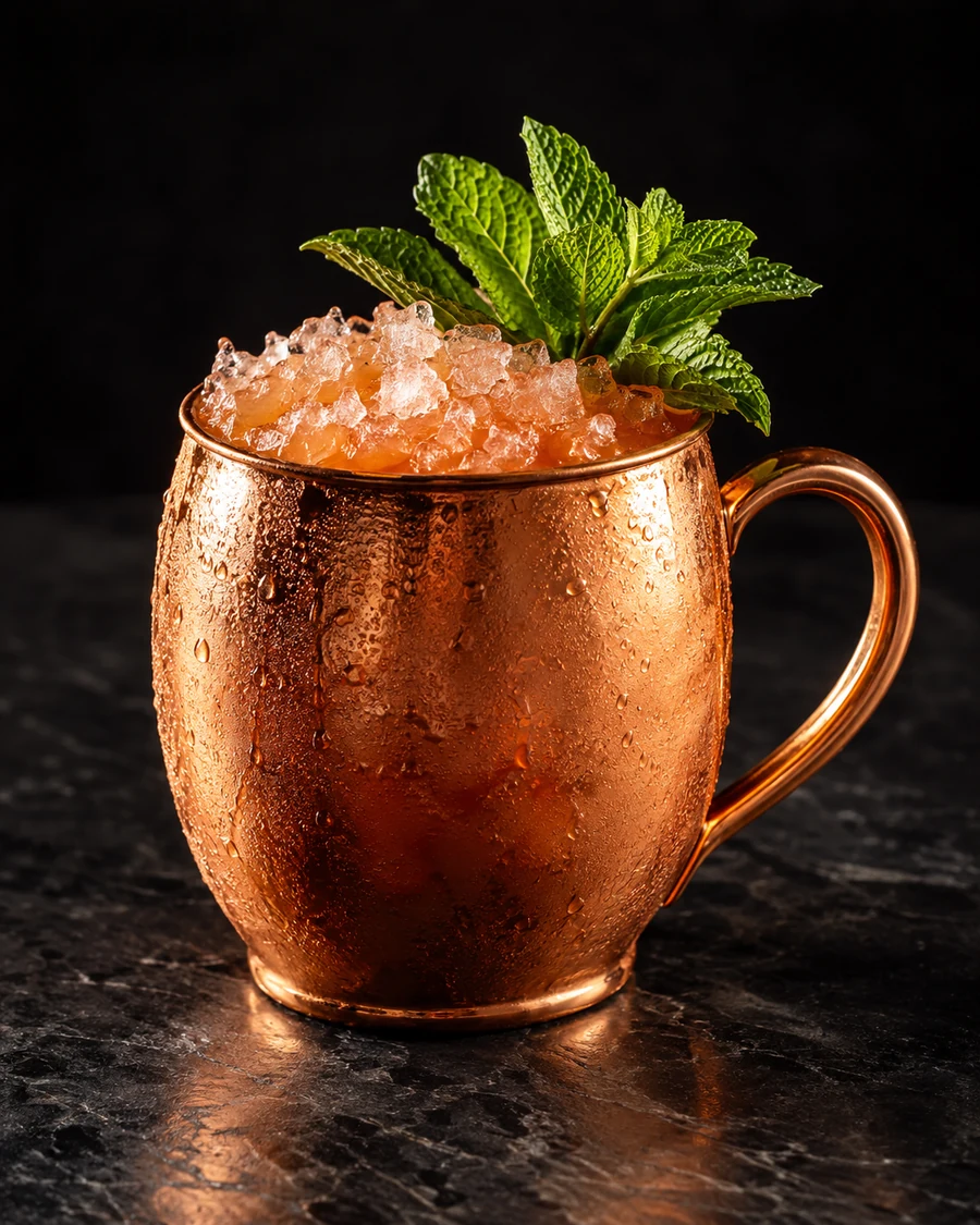 Jungle Hotel Bird: Copper mug filled with reddish-orange cocktail, crushed ice, and a leafy mint garnish.