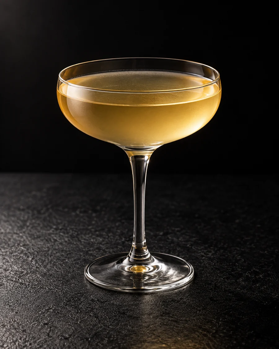 Pale golden Katinka in a coupe without ice or garnish.