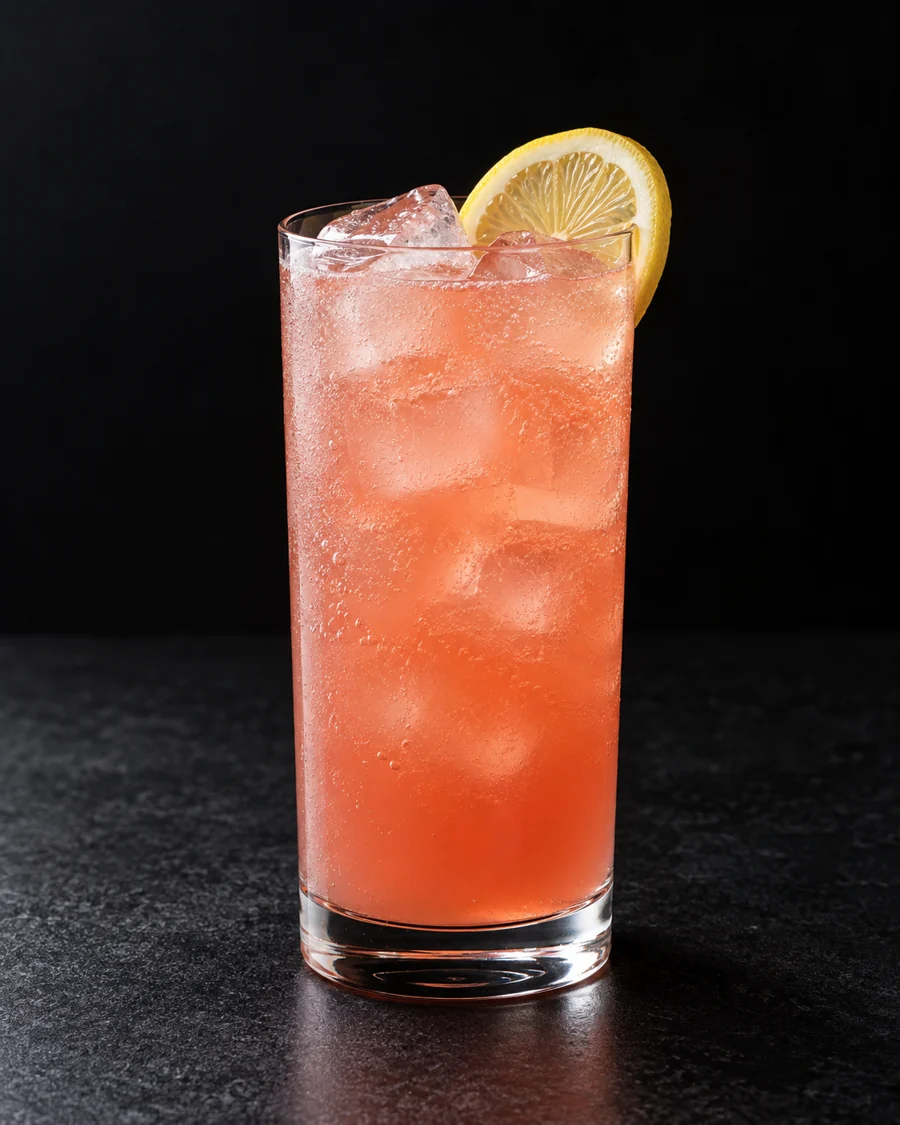 Cloudy coral-pink cocktail in a Collins glass over cubed ice with a lemon wheel.