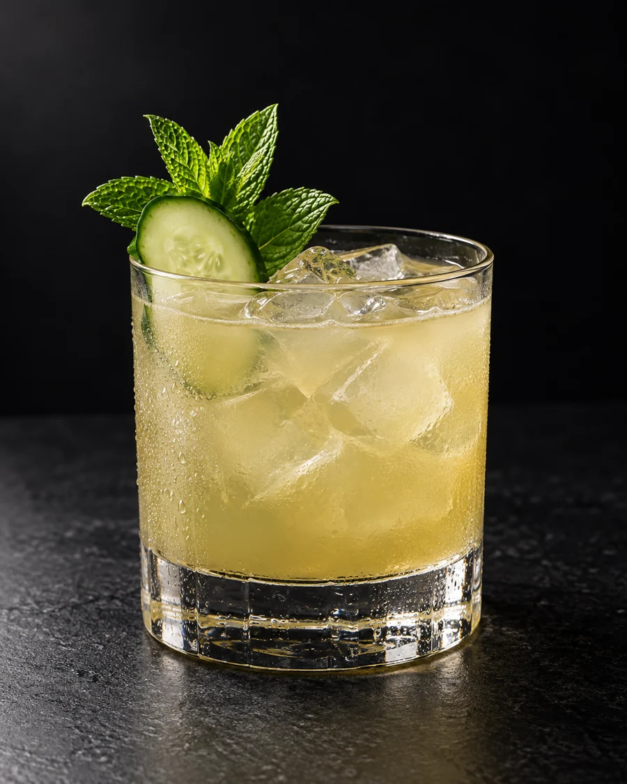 Pale green-gold cloudy drink in a rocks glass over cubed ice with a mint sprig and cucumber slice.