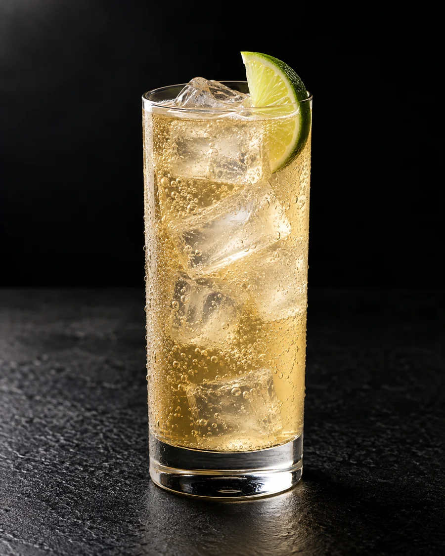 Pale gold bubbly drink in a Collins glass with cubed ice and a lime wedge.