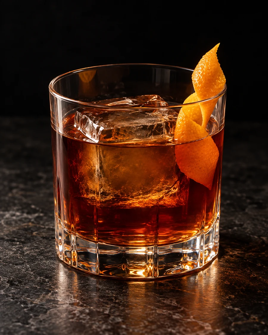 Kilted Flower: Amber drink in rocks glass, one large cube and orange twist.