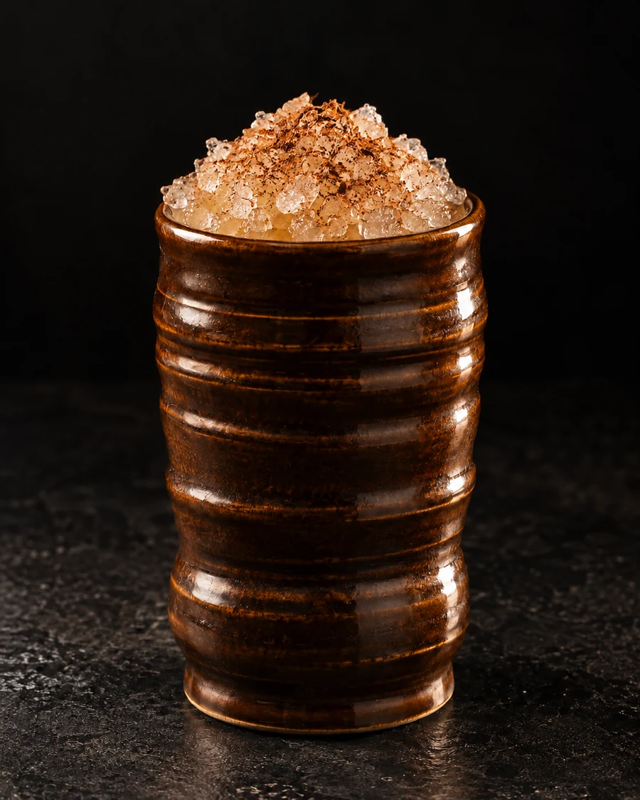King Kopeika in a mug, over crushed ice, with freshly grated coffee bean and grated cinnamon, against a black background.