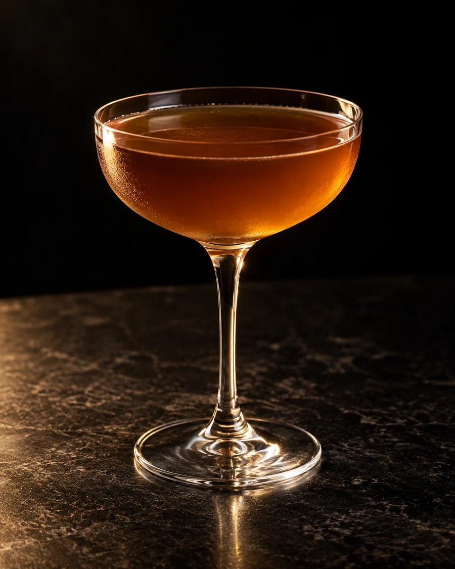 King Louie: Amber-brown drink in coupe, no garnish and no ice.