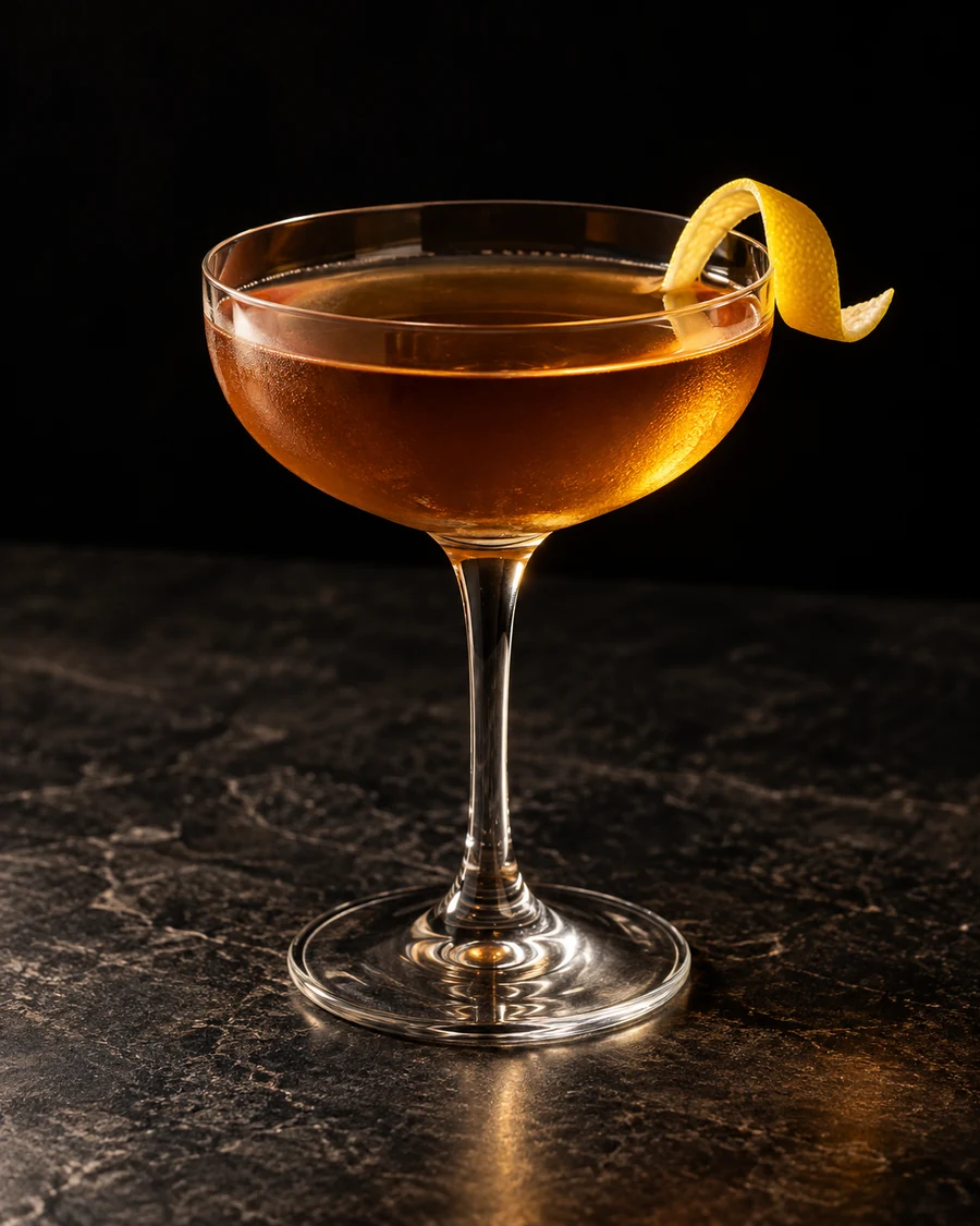 King Of Birds: Amber cocktail in a stemmed coupe with a curled lemon twist, served without ice.