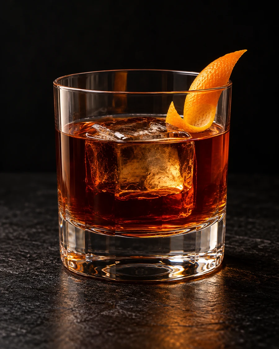 King Of The Hoodlums in a rocks glass, over one large ice cube, with orange twist, against a black background.