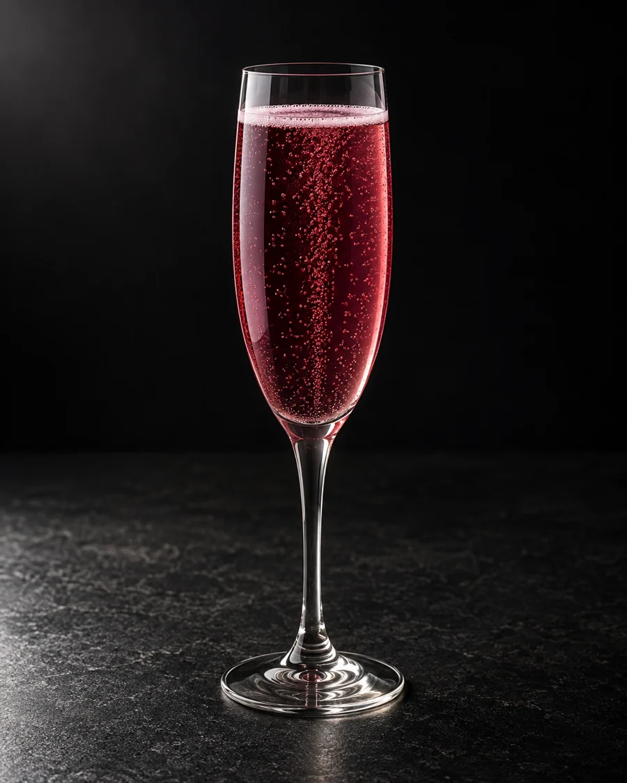 Deep pink-purple sparkling cocktail in a Champagne flute, no ice and no garnish.