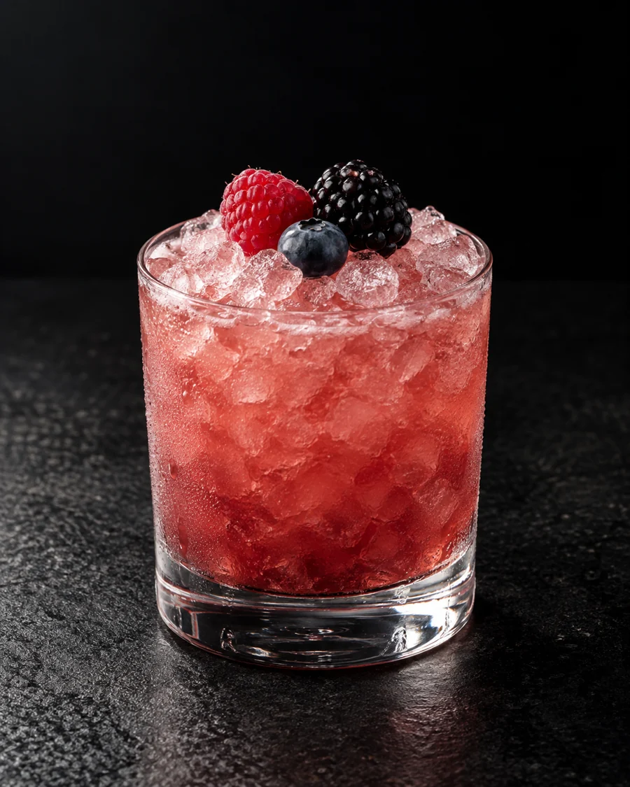 Pink-red Knickerbocker in a rocks glass filled with crushed ice and three fresh berries.